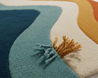 Tappeto astratto a righe ondulate, tappeto geometrico moderno e colorato, tappeto in stile moderno di metà secolo, arredamento contemporaneo per soggiorno, trapuntato a mano