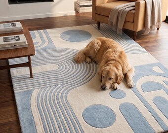 Modern Geometric Hand Tufted Wool Rug, Blue Abstract Area Rug, Scandinavian Minimalist Carpet, Contemporary Living Room Rug, Handmade
