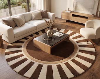 Tappeto rotondo in lana trapuntato a mano, tappeto marrone a raggiera, tappeto circolare moderno, tappeto minimalista fatto a mano, tappeto scandinavo per soggiorno, personalizzato