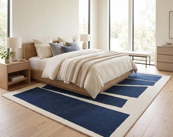 Modern Navy Blue Geometric Hand Tufted Wool Rug, Abstract Minimalist Area Rug, Contemporary Living Room Rug, Custom Handmade Carpet