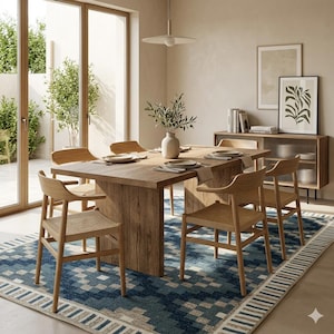 May include: A dining room scene featuring a large wooden table with six chairs. The chairs have woven seats and curved backs. A blue and white patterned rug is under the table. A vase with greenery sits on the table, and a cabinet is in the background.