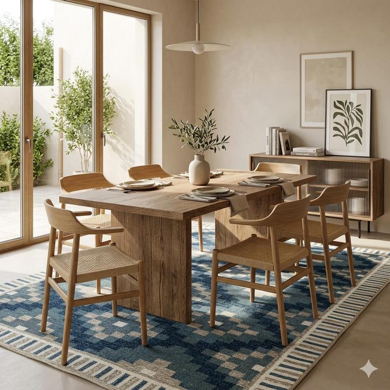 May include: A dining room scene featuring a large wooden table with six chairs. The chairs have woven seats and curved backs. A blue and white patterned rug is under the table. A vase with greenery sits on the table, and a cabinet is in the background.