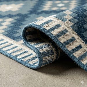 May include: A rolled-up blue and beige patterned rug. The rug features a geometric design with shades of blue and beige. The edge of the rug is a darker blue, and the rug is resting on a gray surface.