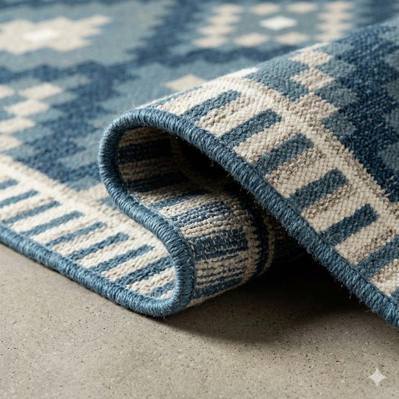 May include: A rolled-up blue and beige patterned rug. The rug features a geometric design with shades of blue and beige. The edge of the rug is a darker blue, and the rug is resting on a gray surface.