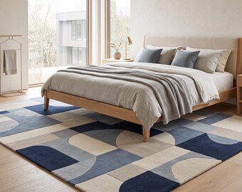 Modern Geometric Hand Tufted Wool Rug, Blue Grey Abstract Area Rug, Scandinavian Minimalist Carpet, Contemporary Living Room Rug, Handmade