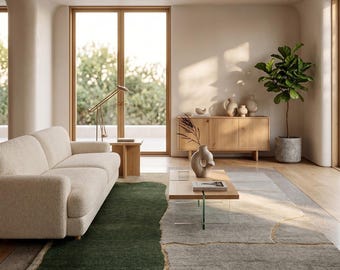 Tappeto moderno astratto in lana organica – Tappeto contemporaneo verde e avorio, tappeto testurizzato fatto a mano, arredamento minimalista e artistico per il soggiorno.