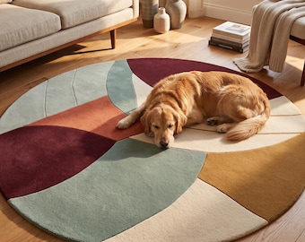 Tappeto rotondo astratto in lana trapuntato a mano, tappeto moderno circolare, tappeto geometrico contemporaneo, lussuoso tappeto fatto a mano per soggiorno, stile scandinavo