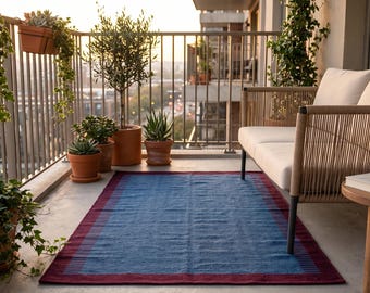 Blue Border Handmade Wool Area Rug – Modern Minimalist Solid Color Carpet, Contemporary Living Room Rug, Custom Handwoven Area Rug