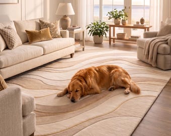 Ivory Hand Tufted Wool Rug, Neutral Wave Area Rug, Minimalist Modern Carpet, Scandinavian Japandi Living Room Rug, Custom Rug