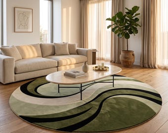 Tappeto rotondo in lana trapuntato a mano, tappeto astratto verde, tappeto circolare moderno, tappeto scandinavo per soggiorno, tappeto fatto a mano su misura
