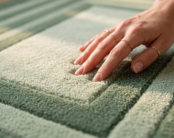 Tappeto geometrico verde trapuntato a mano, tappeto moderno minimalista in lana, tappeto con bordo contemporaneo, decorazione verde salvia per il soggiorno.
