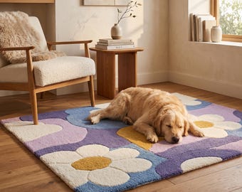 Purple Floral Hand Tufted Wool Rug, Daisy Flower Area Rug, Lavender Kids Room Rug, Modern Abstract Flower Carpet, Cute Handmade Nursery Rug,