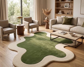 Tappeto verde organico irregolare trapuntato a mano, tappeto moderno astratto, tappeto in morbida lana, tappeto contemporaneo per soggiorno, pezzo unico di design realizzato a mano