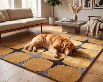 Mustard Geometric Hand Tufted Wool Rug, Modern Abstract Area Rug, Mid Century Modern Carpet, Scandinavian Living Room Rug, Handmade Designer