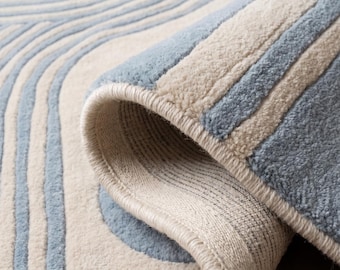 Tappeto moderno geometrico in lana trapuntato a mano, tappeto astratto blu, tappeto minimalista scandinavo, tappeto contemporaneo per soggiorno, fatto a mano