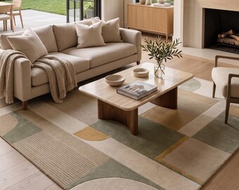 Tappeto da cucina geometrico moderno / Tappeto in lana trapuntato a mano / Tappeto per corridoio beige neutro e verde salvia / Tappeto d'ingresso scandinavo / Personalizzato