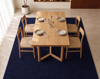 Navy Blue Hand Tufted Wool Rug, Modern Geometric Area Rug, Contemporary Abstract Carpet, Minimalist Living Room Rug, Luxury Handmade