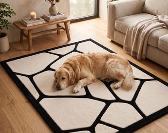 Tappeto moderno astratto con motivo a pietra, trapuntato a mano in lana / Tappeto geometrico nero e avorio / Tappeto minimalista fatto a mano per soggiorno / Contemporaneo