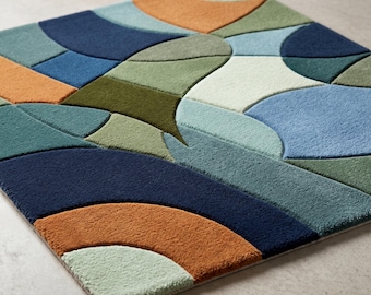 Tappeto astratto con onde oceaniche, realizzato a mano in lana, tappeto geometrico moderno, tappeto contemporaneo blu e verde, tappeto artistico per soggiorno, dimensioni personalizzate.