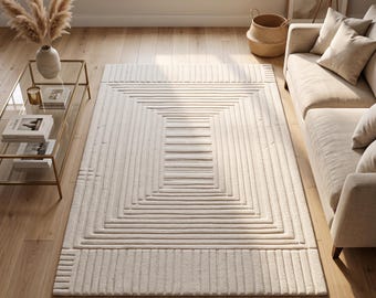 Tappeto in lana trapuntato a mano color avorio con motivo geometrico, tappeto minimalista con texture, tappeto astratto moderno color crema, tappeto contemporaneo per soggiorno, lussuoso e realizzato a mano.