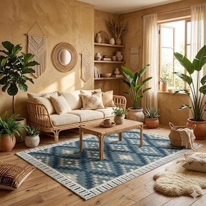 May include: A cozy living room with a rattan sofa, coffee table, and a blue patterned rug. The room features potted plants, macrame wall hangings, and a round mirror. The walls are painted in a warm, earthy tone, creating a relaxing atmosphere.