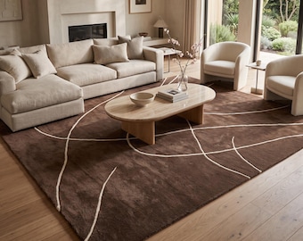 Tappeto minimalista marrone trapuntato a mano, tappeto moderno astratto in lana, tappeto contemporaneo con disegni a linee, arredamento neutro per soggiorno.