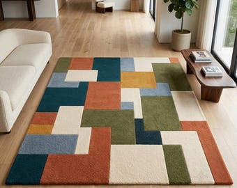 Colorful Geometric Hand Tufted Wool Rug, Modern Abstract Area Rug, Mid Century Modern Carpet, Contemporary Handmade Living Room