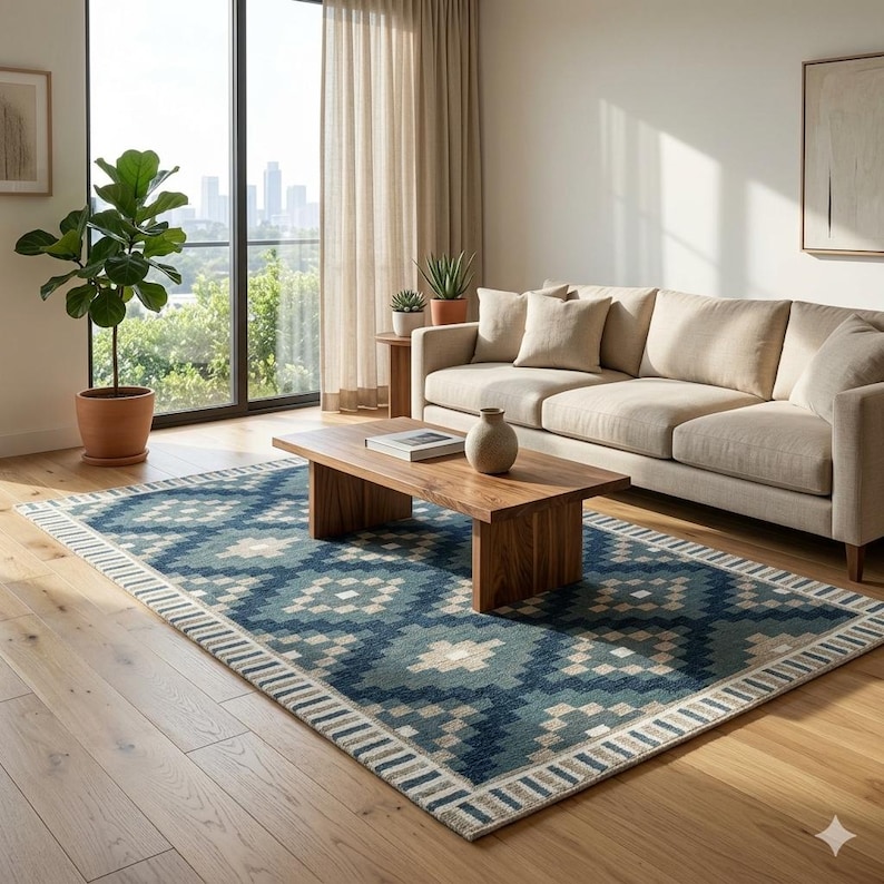 May include: A blue and beige patterned area rug with a geometric design is centered in a living room. A wooden coffee table and a beige sofa are in the background. A potted plant and a large window are also visible.