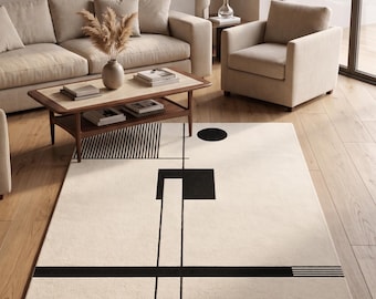 Tappeto moderno geometrico nero e avorio trapuntato a mano / Tappeto minimalista in lana / Tappeto astratto contemporaneo / Dimensioni personalizzate per soggiorno e camera da letto