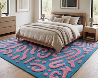 Hand Tufted Abstract Pink & Teal Rug, Modern Wool Area Rug, Funky Contemporary Carpet, Custom Living Room Bedroom Decor Gift