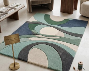 Tappeto con paesaggio astratto, tappeto moderno artistico trapuntato, tappeto geometrico contemporaneo, tappeto per soggiorno fatto a mano, tappeto di grande impatto blu e verde