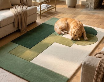 Tappeto moderno geometrico verde in lana trapuntata a mano, tappeto astratto, tappeto minimalista verde salvia, tappeto contemporaneo per soggiorno, realizzato a mano da un designer