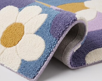 Tappeto in lana trapuntato a mano con motivo floreale viola, tappeto con margherite, tappeto per cameretta bambini color lavanda, tappeto moderno con fiori astratti, grazioso tappeto per cameretta fatto a mano.