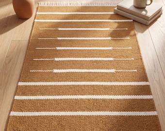 Mustard White Striped Handmade Rug | Modern Flatweave Area Rug | Minimalist Cotton Dhurrie Rug