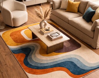 Tappeto in lana trapuntato a mano in stile retrò astratto, tappeto moderno di metà secolo, tappeto geometrico vintage, tappeto colorato fatto a mano per soggiorno, lana personalizzata