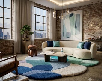 Tappeto in lana fatto a mano con motivo astratto a ciottoli – Tappeto moderno e organico, tappeto trapuntato contemporaneo blu-verde, elemento artistico per il soggiorno