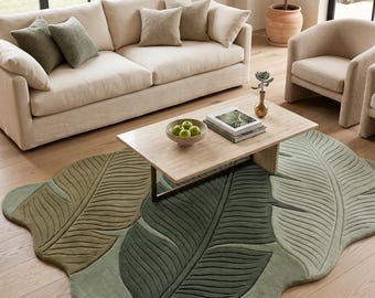 Hand Tufted Tropical Leaf Rug, Sage Green Botanical Wool Rug, Organic Shaped Area Rug, Modern Nature Inspired Carpet, Handmade Living Room