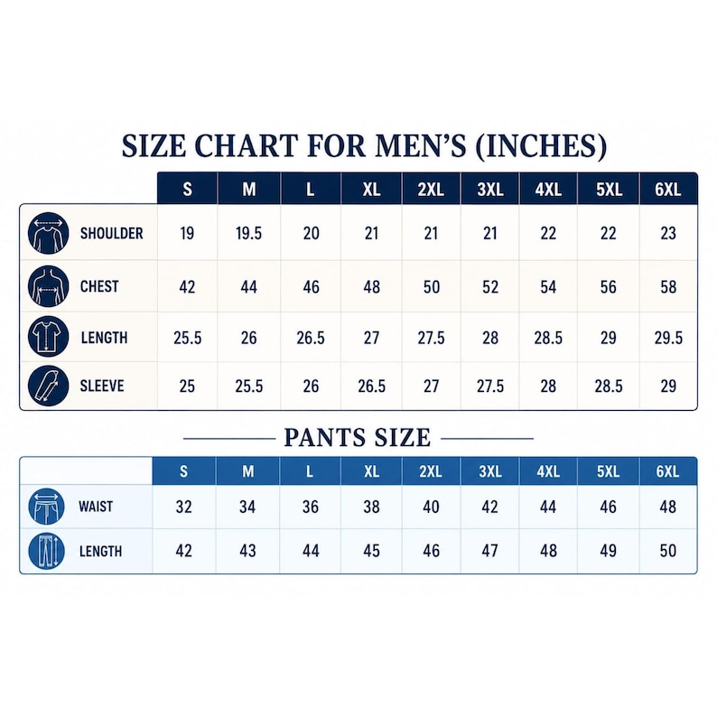 May include: A size chart table displaying measurements in inches for shirts and pants. The shirt section lists shoulder, chest, length, and sleeve dimensions for sizes S through 6XL. The pants section lists waist and length dimensions for sizes S through 6XL.