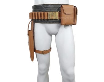 Book of Boba Fett Leather Utility Belt with Holster & Pouch | Mandalorian Costume Belt | Bounty Hunter Costume Accessory | Sci-Fi Prop
