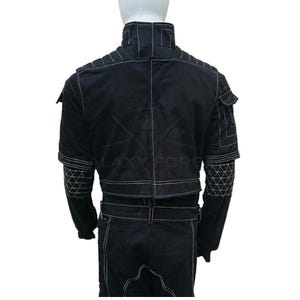 May include: Black jacket with white stitching details. Features include a high collar, multiple pockets, and geometric patterns on the sleeves. The jacket has a belt at the waist and is made of a durable material.