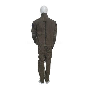May include: A dark olive green two-piece uniform set consisting of a long-sleeved jacket with a high collar and matching trousers. The garment features visible light-colored stitching, geometric patterned panels on the sleeves, and a central zipper.