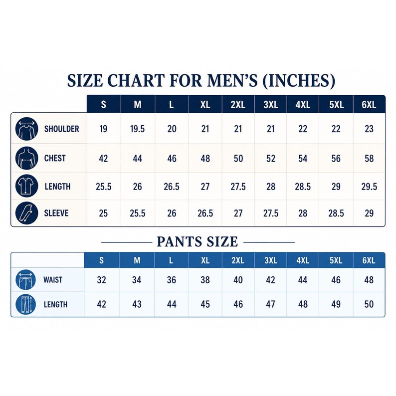 May include: Size chart for men's clothing, displaying measurements in inches. Includes shoulder, chest, length, and sleeve measurements for shirts, and waist and length measurements for pants. Sizes range from S to 6XL.