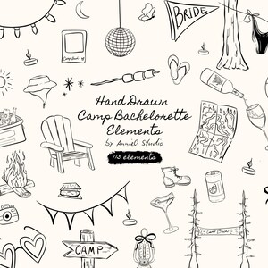 Puede incluir: Ilustraciones en blanco y negro dibujadas a mano de elementos de despedida de soltera con temática de campamento. Incluye una nevera con botellas, una fogata, una pancarta de novia, un mapa, una bola de discoteca y otros elementos.