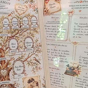 Peut inclure: Livre d'arbre généalogique ouvert avec des accents floraux et en forme de cœur. La page de gauche présente un arbre généalogique avec des noms dans des cadres ovales. La page de droite contient du texte manuscrit et des décorations florales.