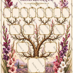 Peut inclure: Un arbre généalogique décoratif avec le texte « ARBRE GÉNÉALOGIQUE ». Le design présente un arbre avec des espaces pour les photos, entouré d'arrangements floraux dans les tons de rose, de violet et de blanc, avec un fond de champ de lavande.