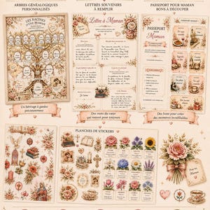 Peut inclure: Une impression décorative sur le thème de la fête des mères. Comprend des modèles d'arbres généalogiques, des lettres, des cartes de passeport et des planches d'autocollants. Motifs floraux et cœurs, texte en français.