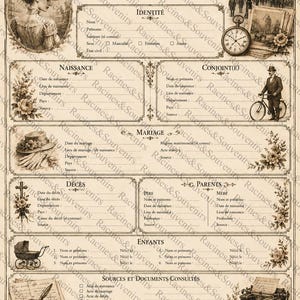 Puede incluir: Un formulario de investigación genealógica de estilo vintage, en tonos sepia, con bordes e ilustraciones ornamentadas. Incluye secciones para identidad, nacimiento, matrimonio, defunción y detalles familiares. Elementos decorativos como un retrato de dama y un reloj de bolsillo.