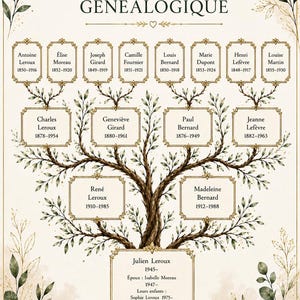 Könnte beinhalten: Ein dekoratives Stammbaum-Diagramm mit dem Titel ARBRE GÉNÉALOGIQUE, das einen zentralen Baum mit grünen Blättern und goldenen Akzenten zeigt. Rechteckige Rahmen mit verzierten Goldrändern enthalten Namen und Lebensdaten in hierarchischer Anordnung.
