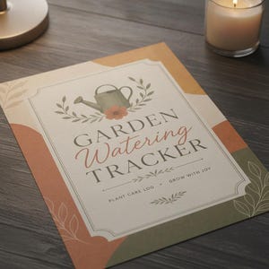 以下が含まれることがあります： 緑色のじょうろのイラスト、オレンジ色の花のアクセント、そしてGARDEN Watering TRACKER、PLANT CARE LOG、GROW WITH JOYというテキストが描かれた、抽象的な形の背景を持つ長方形の庭の水やりトラッカーシート。