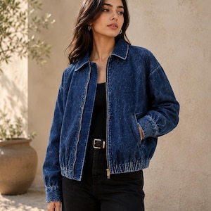 Cotton Denim Jacket Casual Oversized Zip Front Outerwear